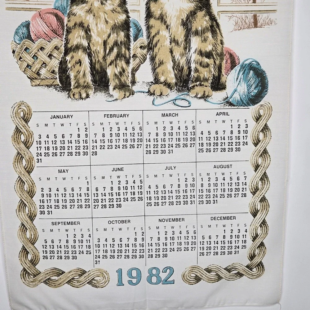 Vintage 1982 Kittens Playing Towel Calendar Polyester Grannycore Cottagecore